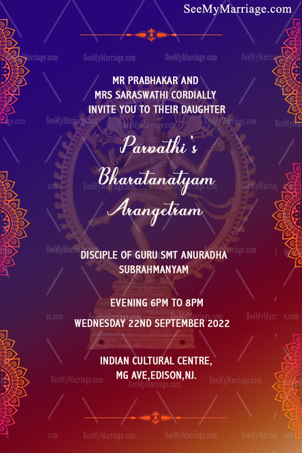 Simple Design Red & Blue Theme Arangetram Invitation Card