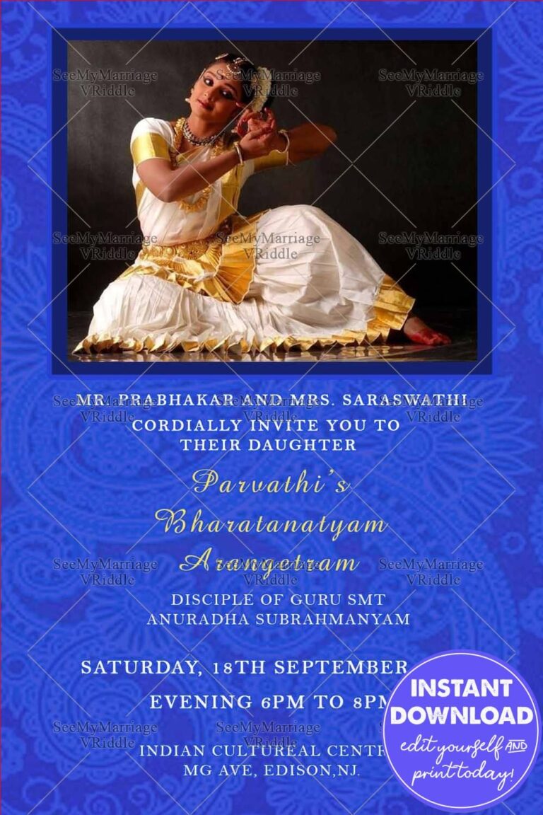 Traditional Blue Theme Arangetram Invitation Card
