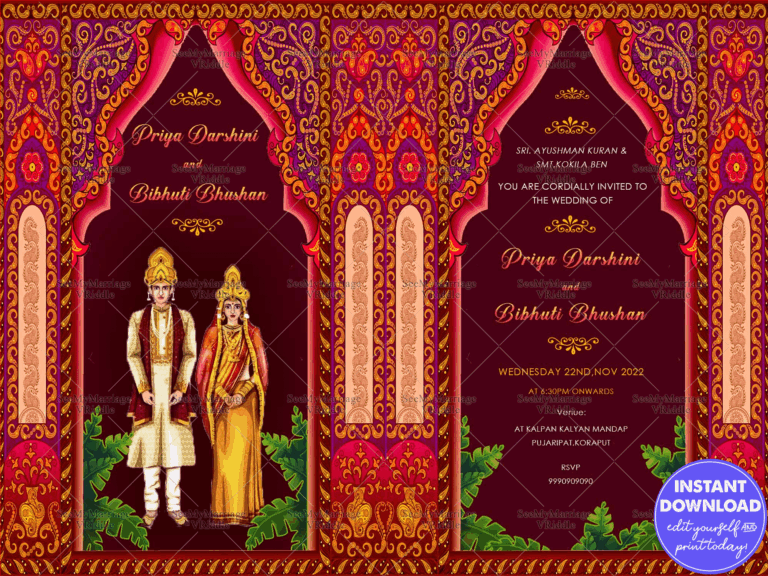 Traditional Design Maroon Theme With Cute Couple Odiya Wedding Invitation Card
