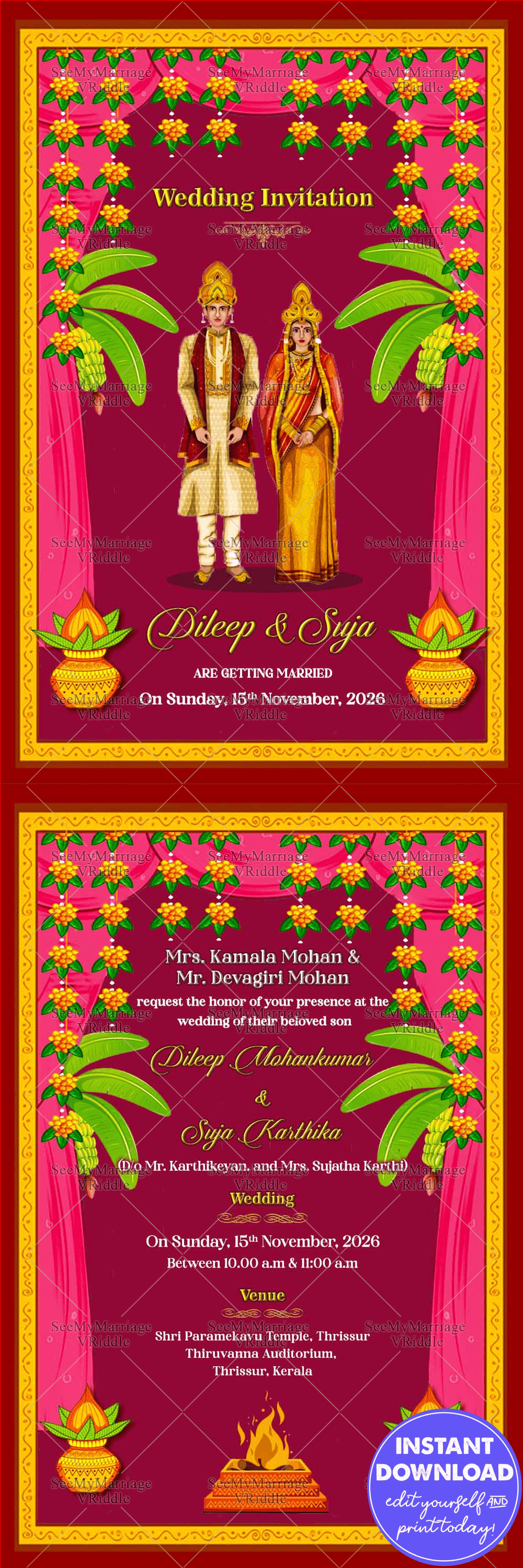 Traditional Floral Flowers Design Pink & Maroon Theme With Cute Couple Odiya Wedding Invitation Card