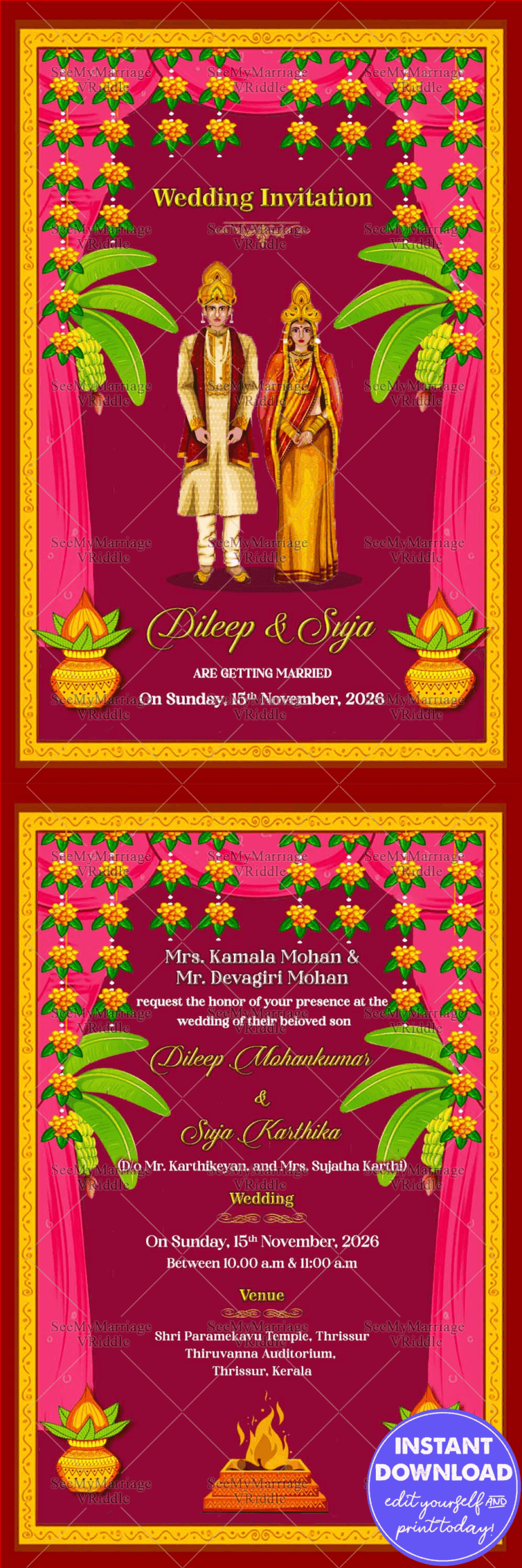 Traditional Floral Flowers Design Pink & Maroon Theme With Cute Couple Odiya Wedding Invitation Card