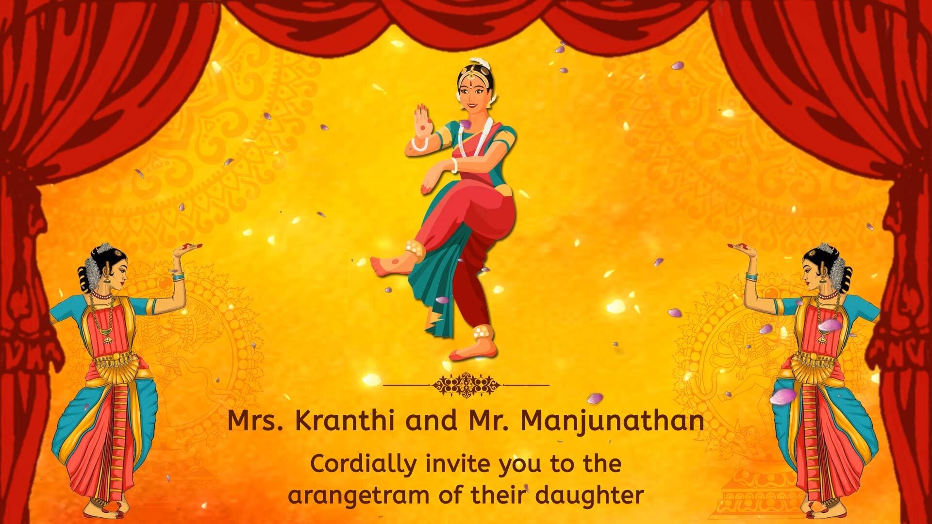 Traditional Mudra Theme Arangetram Invitation Video In Red And Orange Background