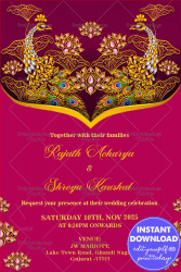 Traditional Peacock Pink Theme Gujarati Wedding Invitation Card