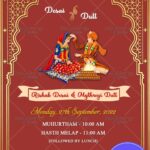 Traditional Red Theme Golden Arch Oriya Wedding Invitation Card With Wedding Illustrators