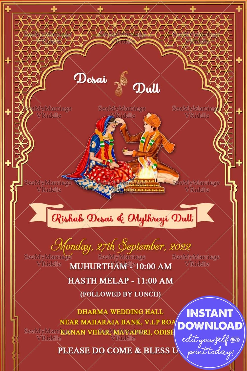 Traditional Red Theme Golden Arch Oriya Wedding Invitation Card With Wedding Illustrators