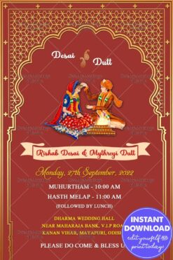 Traditional Red Theme Golden Arch Oriya Wedding Invitation Card With Wedding Illustrators
