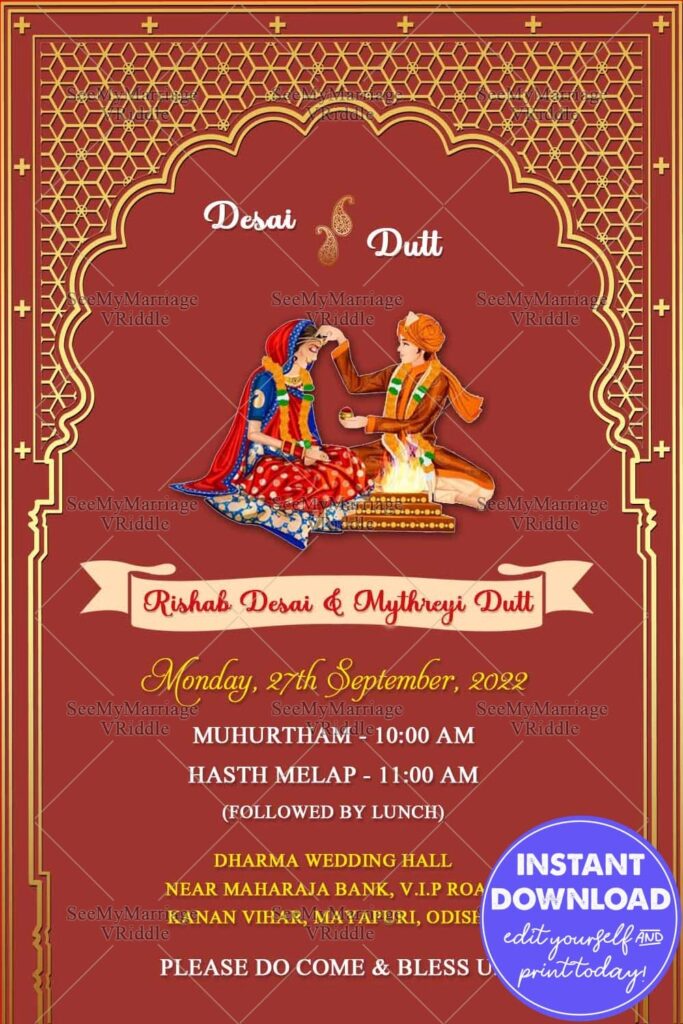 Traditional Red Theme Golden Arch Oriya Wedding Invitation Card With Wedding Illustrators