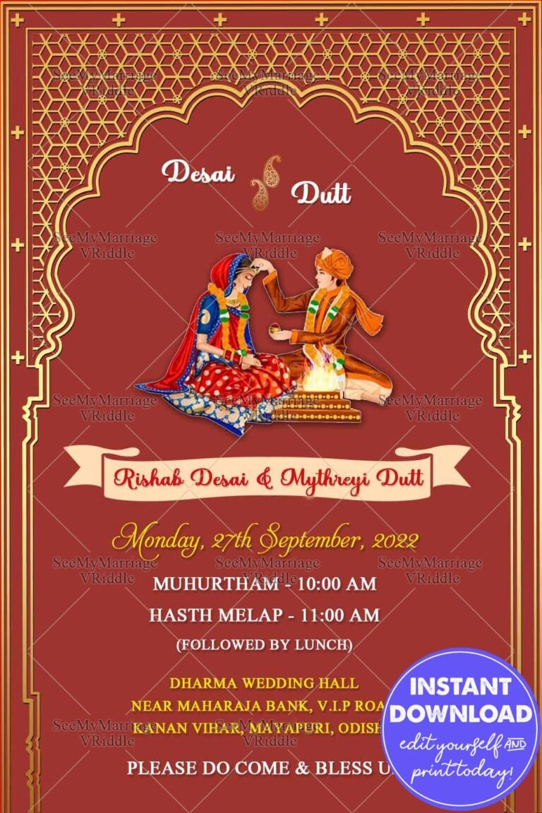Traditional Red Theme Golden Arch Oriya Wedding Invitation Card With Wedding Illustrators