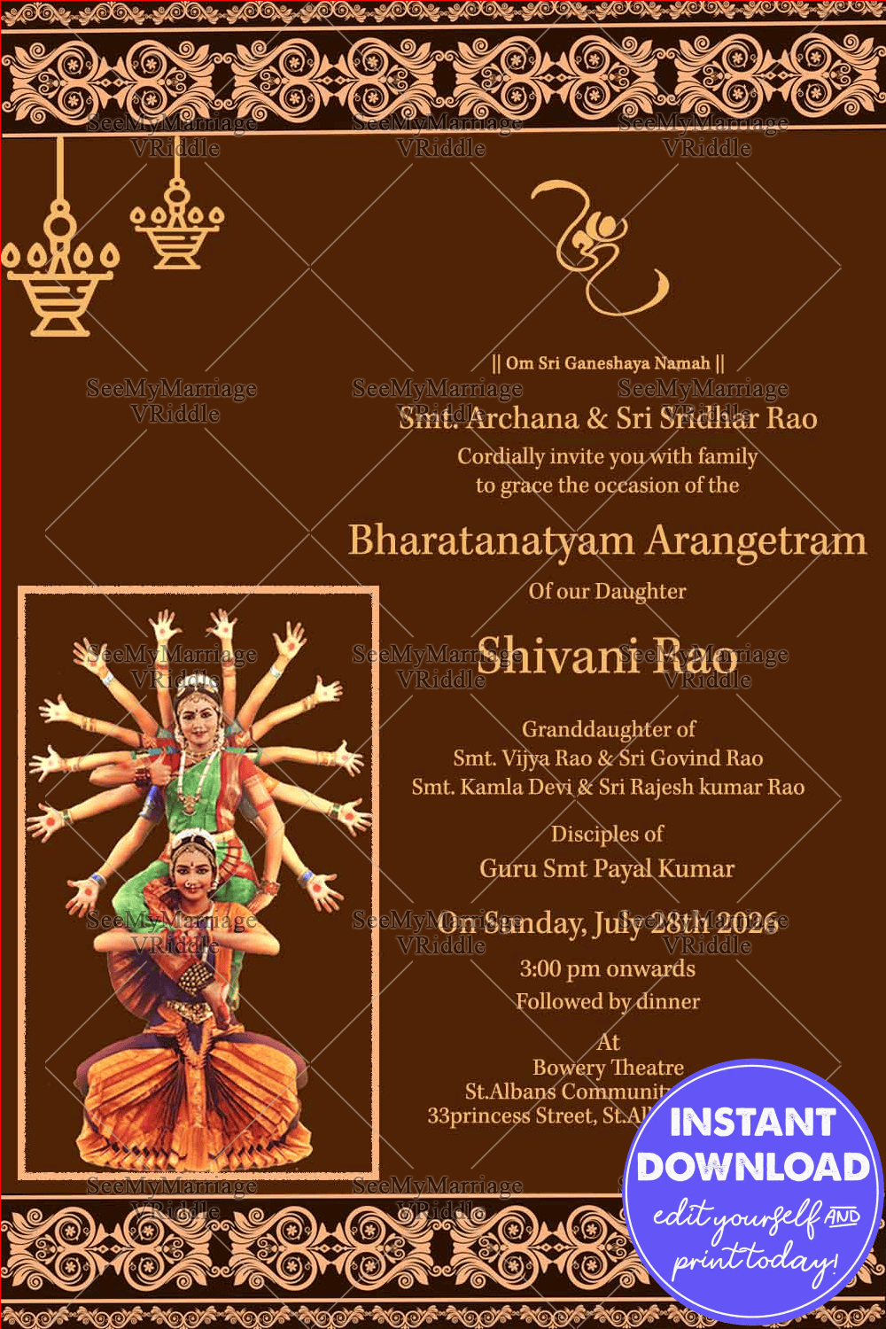 Traditional Simple Design Brown Theme Arangetram Invitation Card