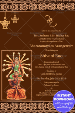 Traditional Simple Design Brown Theme Arangetram Invitation Card