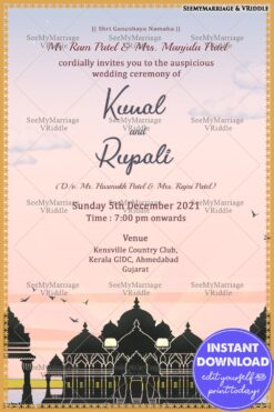 Temple And Sunset Gujrati Wedding Invitation With Golden Frame