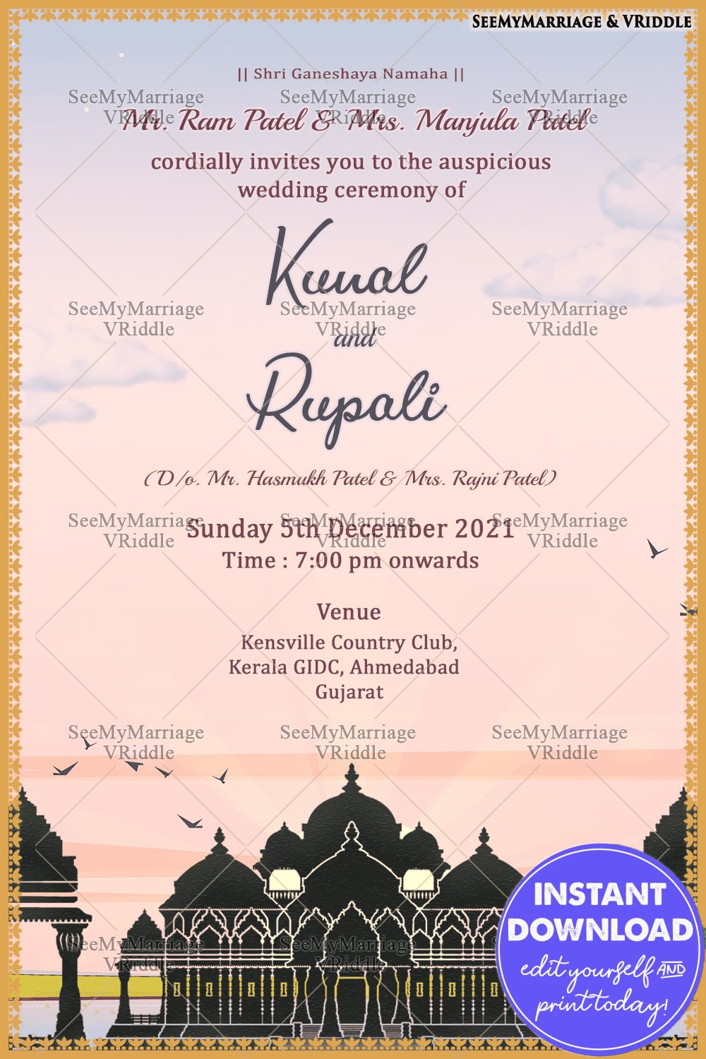 Temple And Sunset Gujrati Wedding Invitation With Golden Frame
