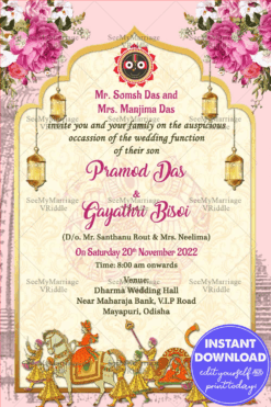 Vintage Royal Theme Oriya Wedding Invitation Card With Baraat And Doli Animation In Pink Floral Background