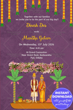 Violet Theme Odiya Wedding Invitation Card With Oriya Couple Illustrations Decorated With Wedding Venue