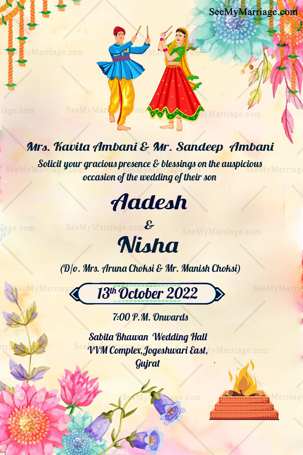 Watercolor Floral Dandia Gujrati Wedding Card