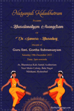 Navy Blue Theme Arangetram Invitation Gif With Bharatanatyam Dance Pose Illustration