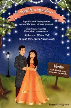 Royal String Lights With Cute Couple Theme Wedding Invitation Card