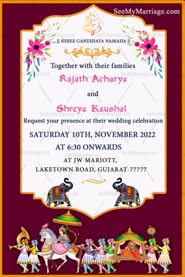 Elephant & Baraat Maroon Theme Gujarati Wedding Invitation Card ...