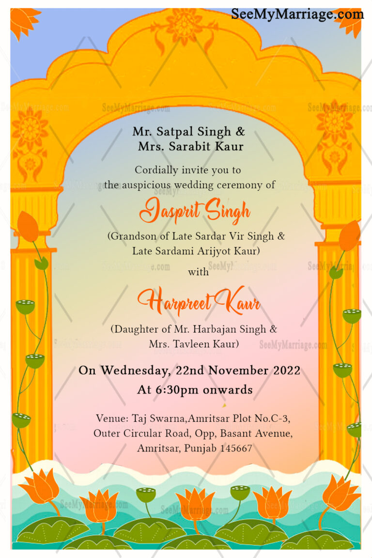 Traditional Mandap & Lotus Theme Punjabi Wedding Invitaion Card