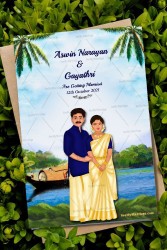 Kerala Traditional Caricature Theme Wedding Invitation Card Decorated With Snake Boat And Lake Water