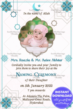 Moon And Hanging Star Theme Naming Ceremony Invitation Card With Blue Border
