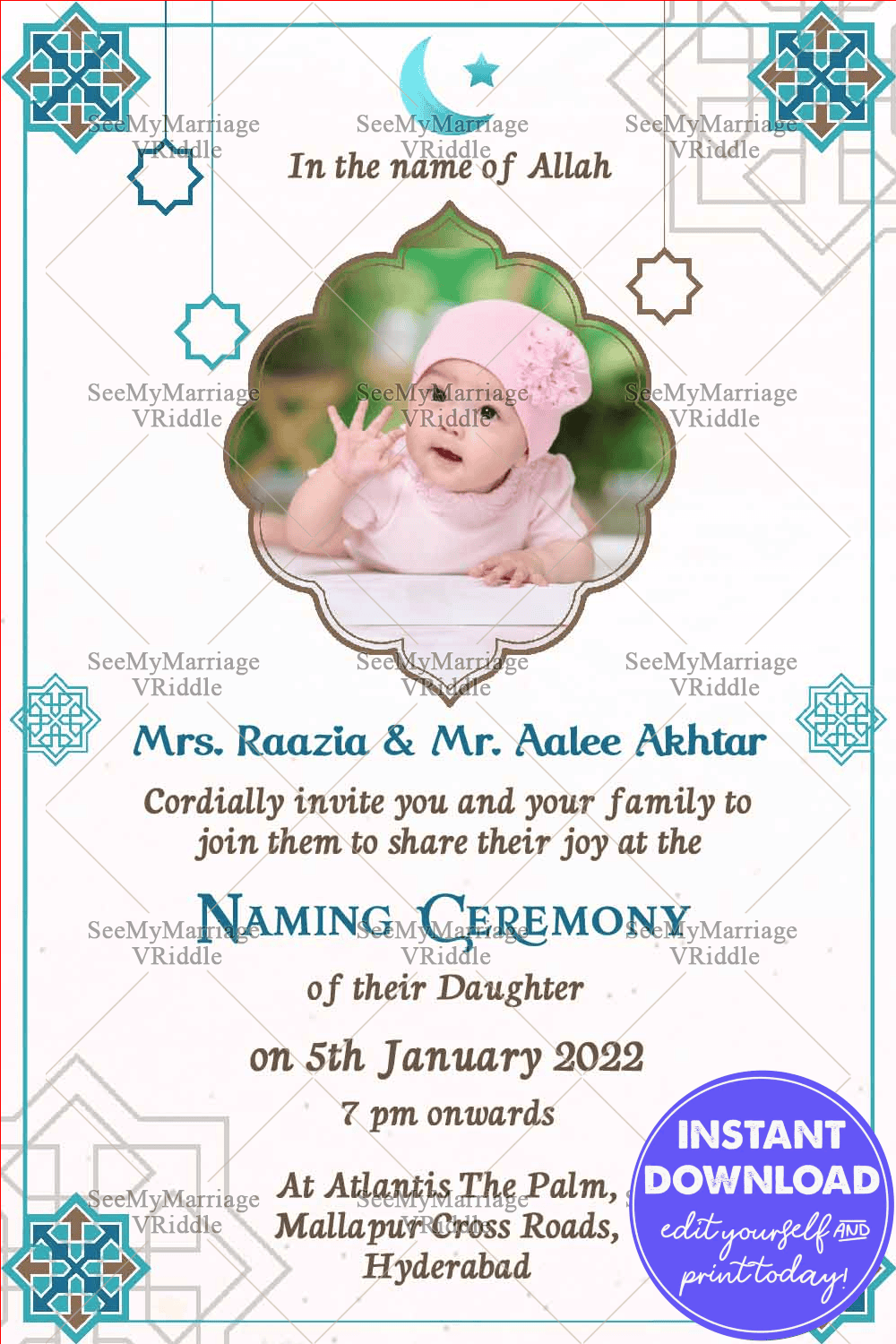 Moon And Hanging Star Theme Naming Ceremony Invitation Card With Blue Border