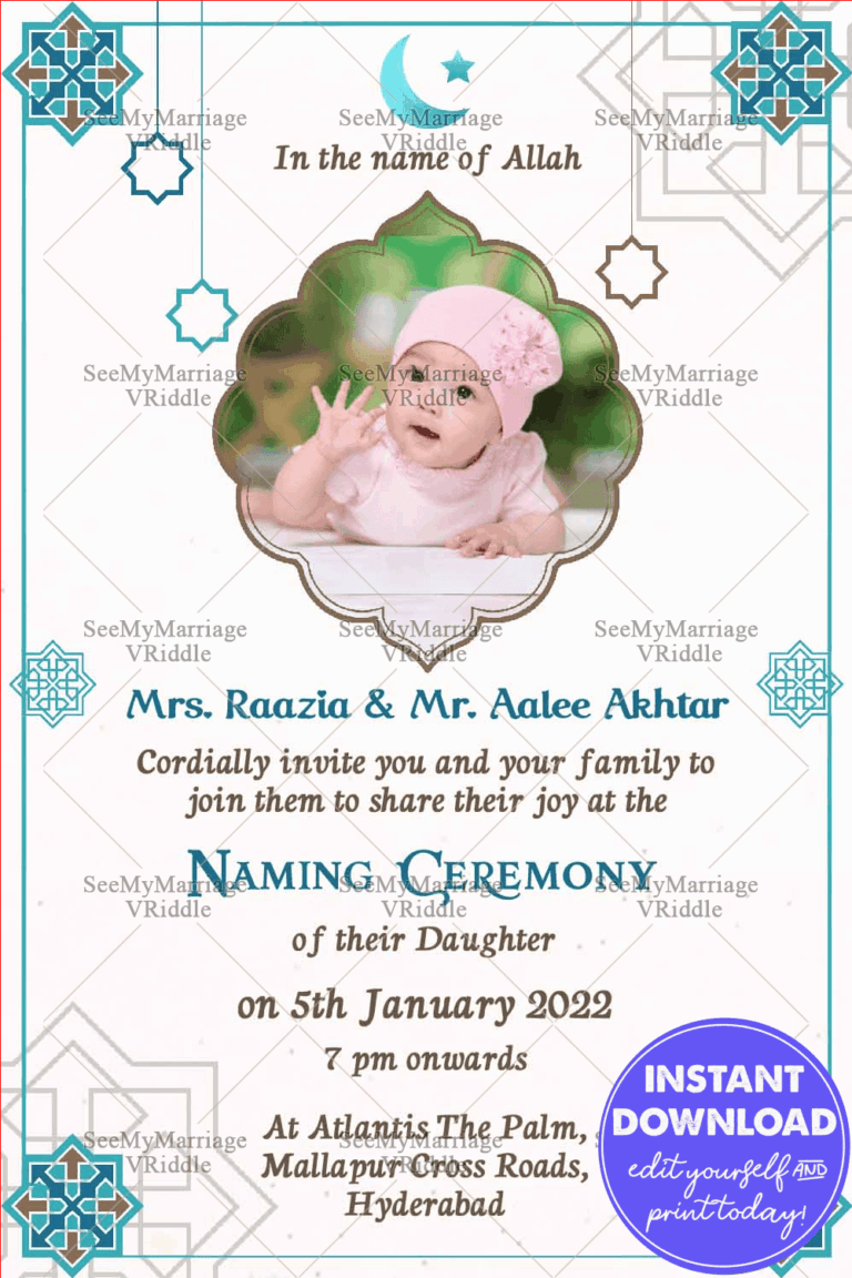 Moon And Hanging Star Theme Naming Ceremony Invitation Card With Blue Border