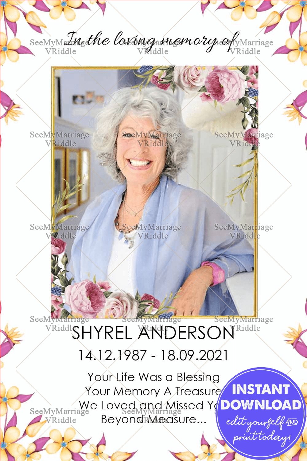 Pink Floral Theme Memorial Card With Photo