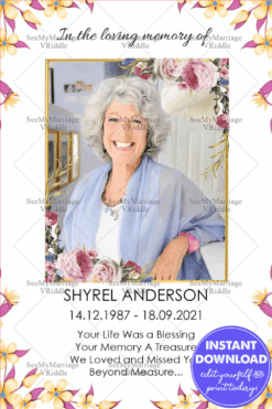 Pink Floral Theme Memorial Card With Photo