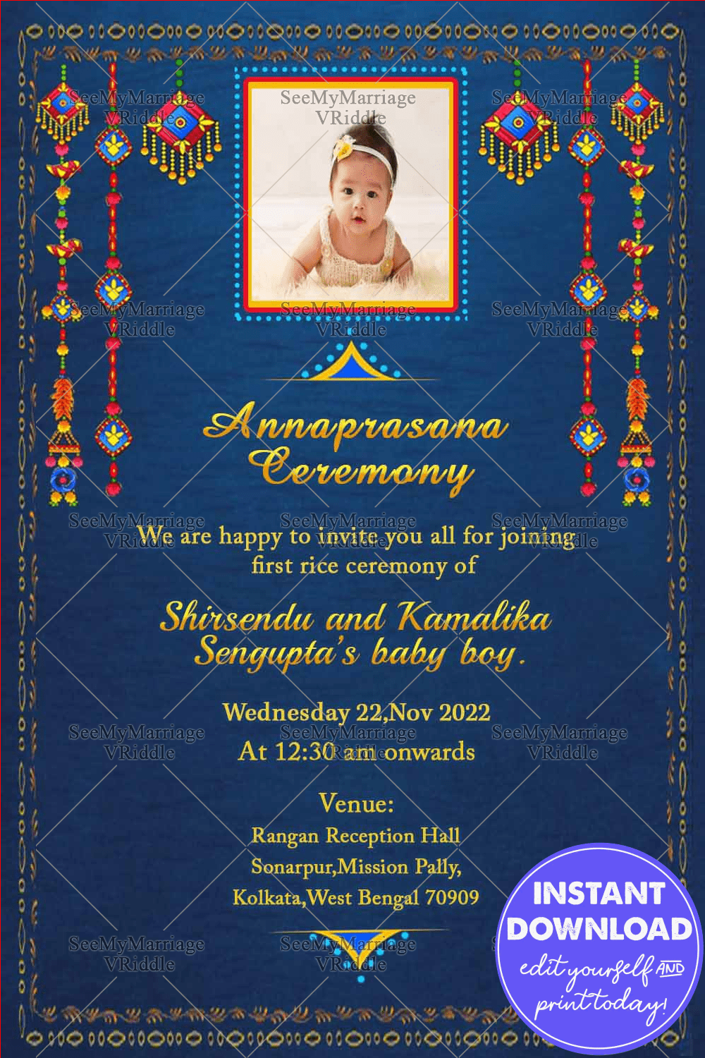 Traditional Blue Theme Annaprashan Invitation Card