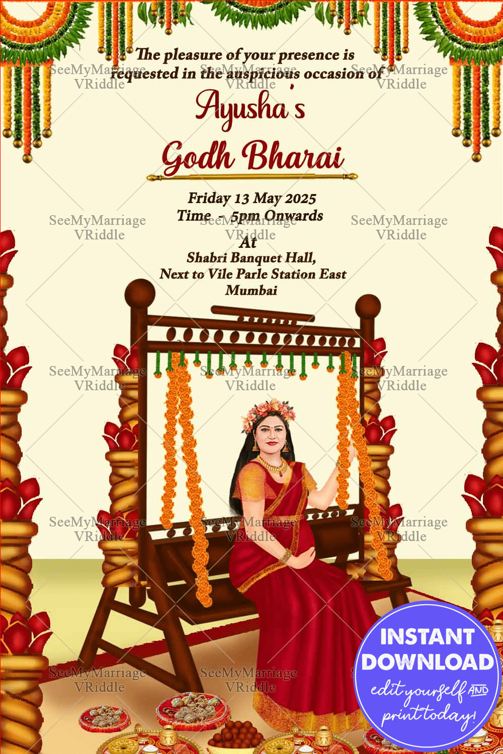 Traditional Caricature Theme Baby Shower Invitation Card With Women Illustration Sitting On Swing Decorated With Flowers In Cradle