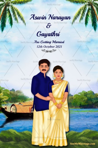 Kerala Traditional Caricature Theme Wedding Invitation Card Decorated With Snake Boat And Lake Water
