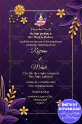 Golden Floral With Violet Background Theme Sindhi Wedding Invitation Card