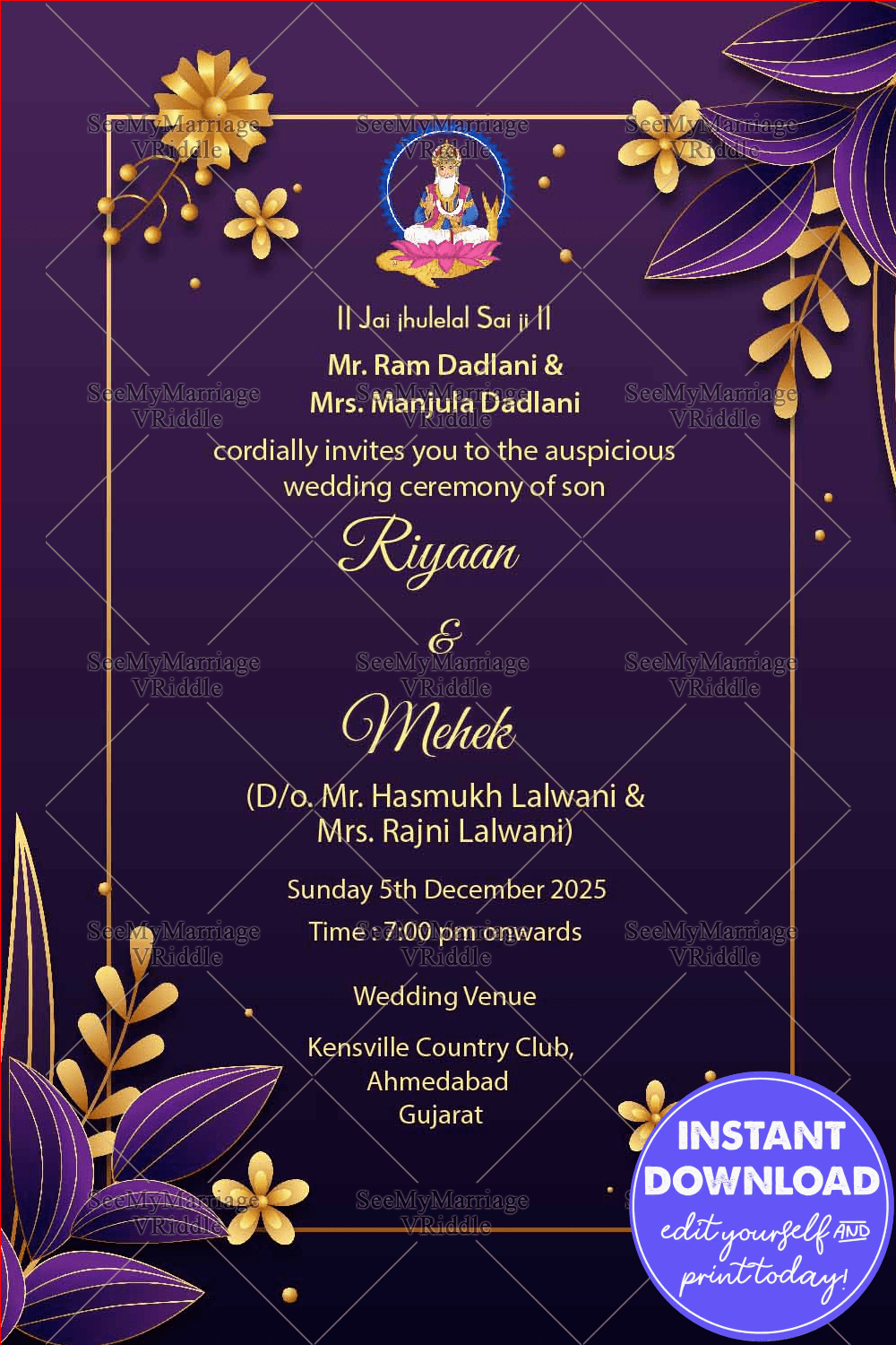 Golden Floral With Violet Background Theme Sindhi Wedding Invitation ...