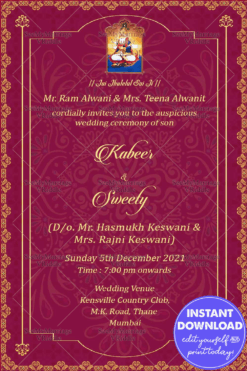 Golden Frame With Pink Background Theme Sindhi Wedding Invitation Card