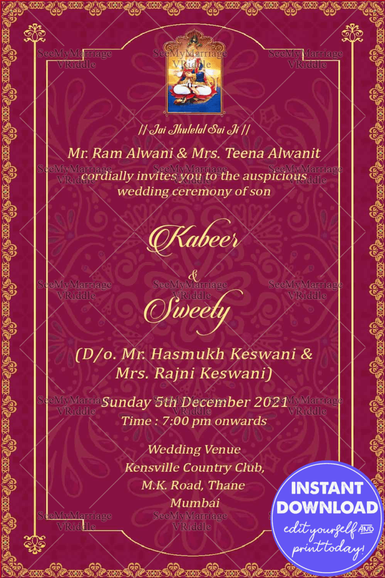 Golden Frame With Pink Background Theme Sindhi Wedding Invitation Card