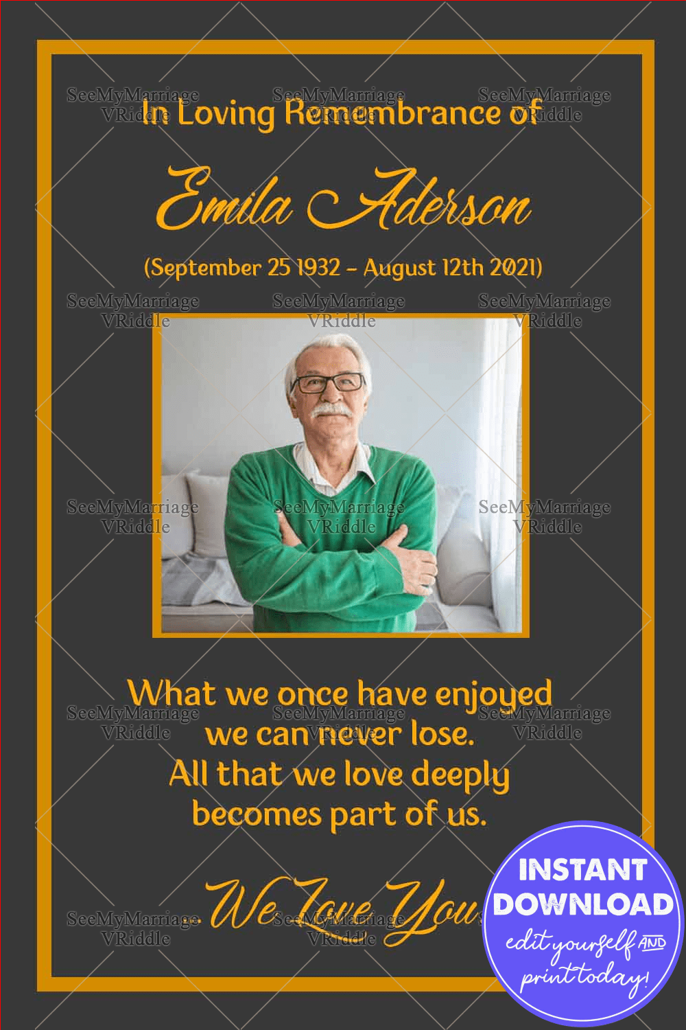 Grey Theme Memorial Card In Yellow Border With Picture