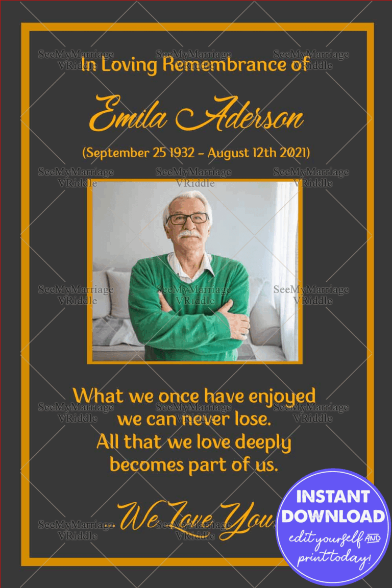 Grey Theme Memorial Card In Yellow Border With Picture