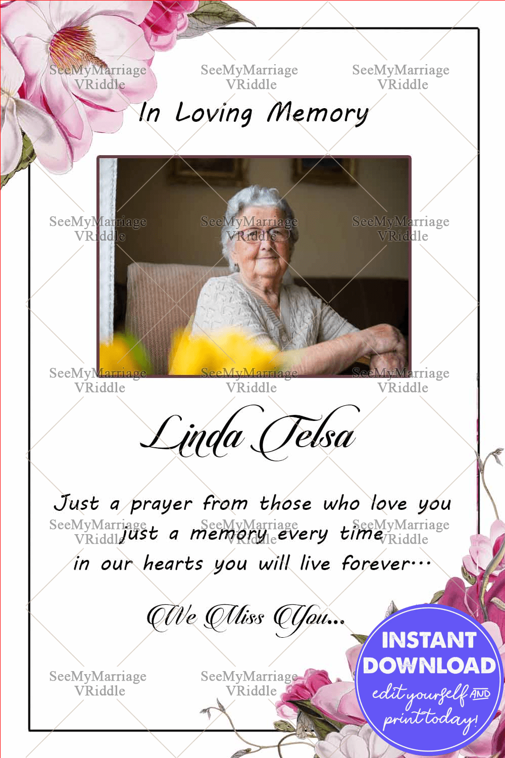 White Theme Pink Rose Floral Decorated Memorial Card
