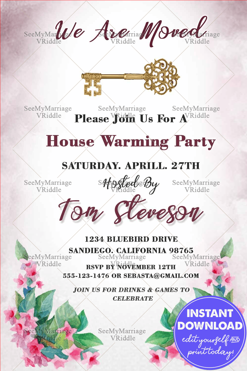 ‘We Are Moved’ House Warming Invitation Card Decorated With Watercolor Flower, Golden Key And Blur Color Background