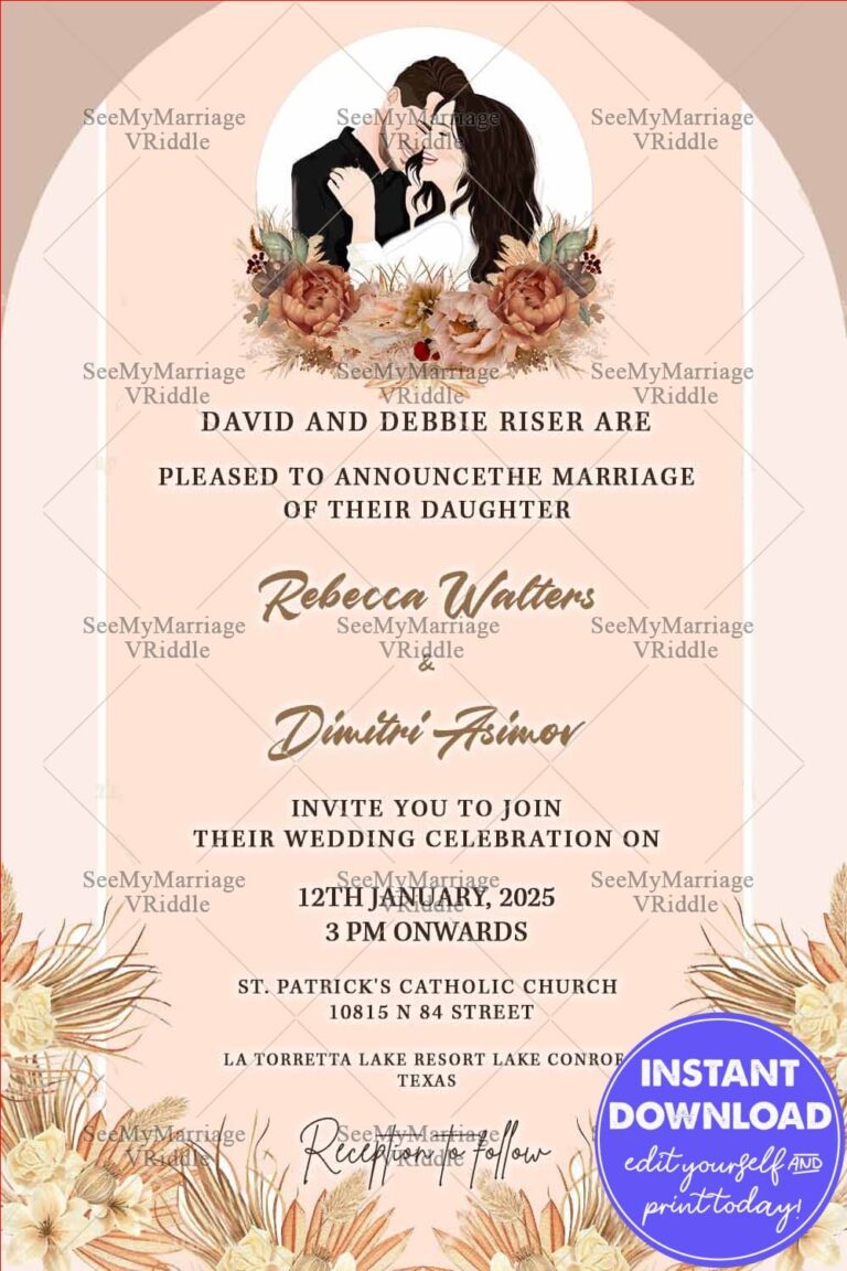Russian Wedding invitation Card Decorated with Flowers And Couple Photo Frame In Cream And Light Brown Theme