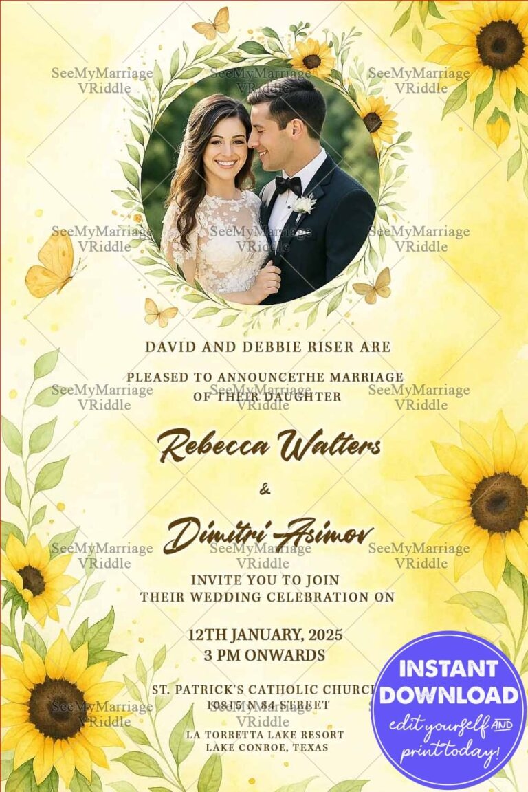 Russian Wedding Invitation Card Decorated With Sunflowers On A Yellow Background And Couple Photo Frame