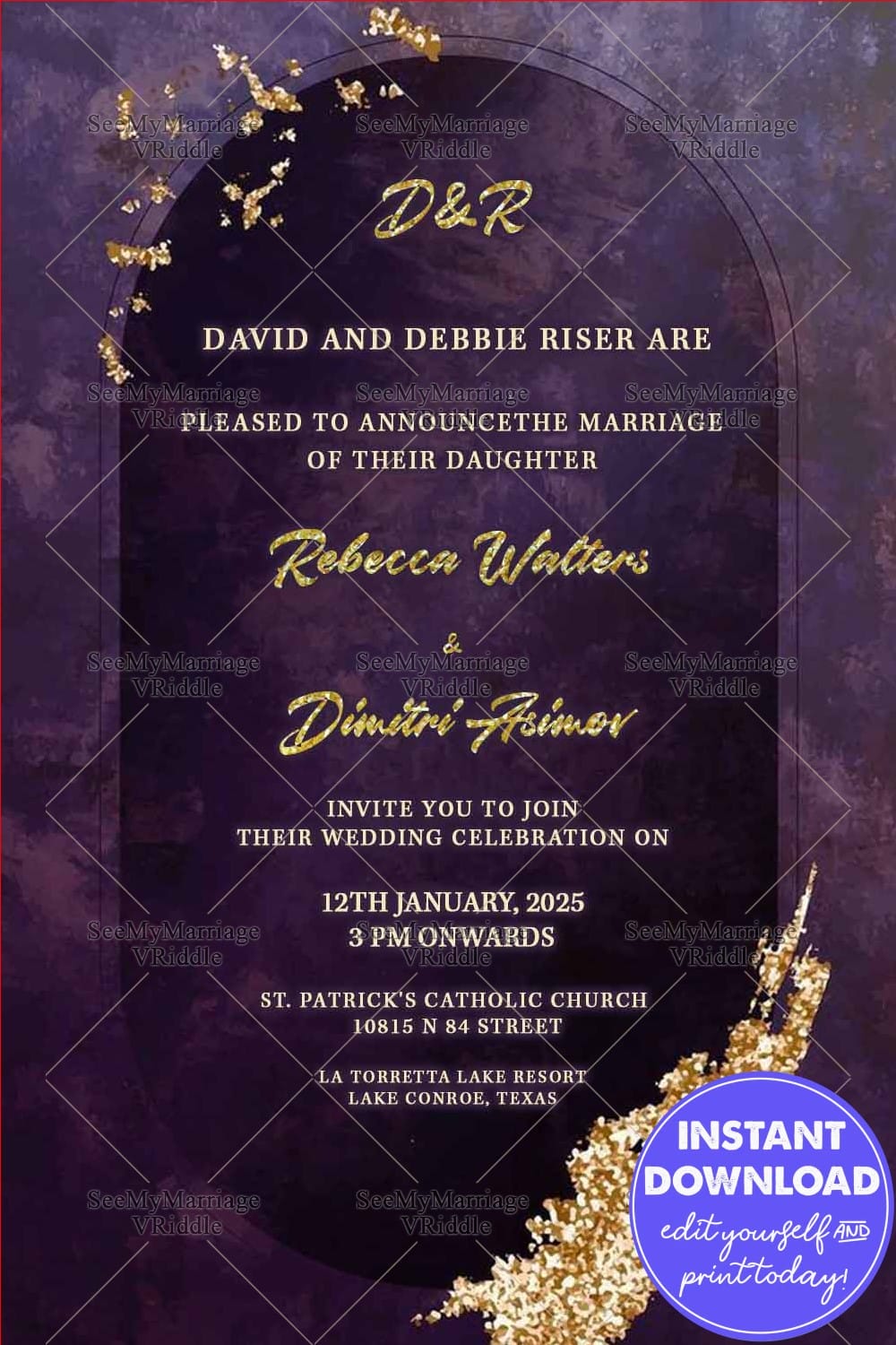 Simple Russian Wedding Invitation Card Decorated With Golden Letters And Glitter On A Purple Background