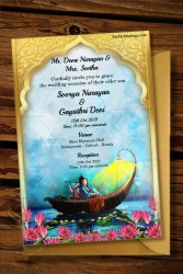 Traditional Radha Krishna Theme Wedding Invitation Card Decorated With Lotus Flower, Golden Mahal Frame, Watercolor Sky, Lake Water And Boat
