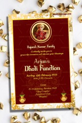 Traditional Dhoti Ceremony Invitation Card In Maroon Theme And Decorated With Golden Border, Photo Frame, Golden Leaves