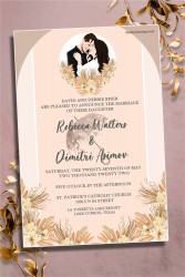 Russian Wedding invitation Card Decorated with Flowers And Couple Photo Frame In Cream And Light Brown Theme