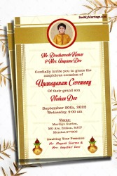 Traditional Upanayanam Ceremony Invitation Card In Off White Theme And Decorated With Golden Kasvu Border, Photo Frame,