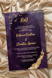 Simple Russian Wedding Invitation Card Decorated With Golden Letters And Glitter On A Purple Background