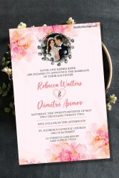 Russian Wedding invitation Card Decorated with Watercolor Flowers, Couple Photo Frame, Pink Background Theme