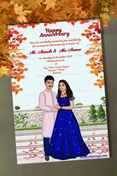 Wedding Anniversary Invitation Card Decorated With Autumn Leaves And Caricature Couple In Kurta – Blue Gown